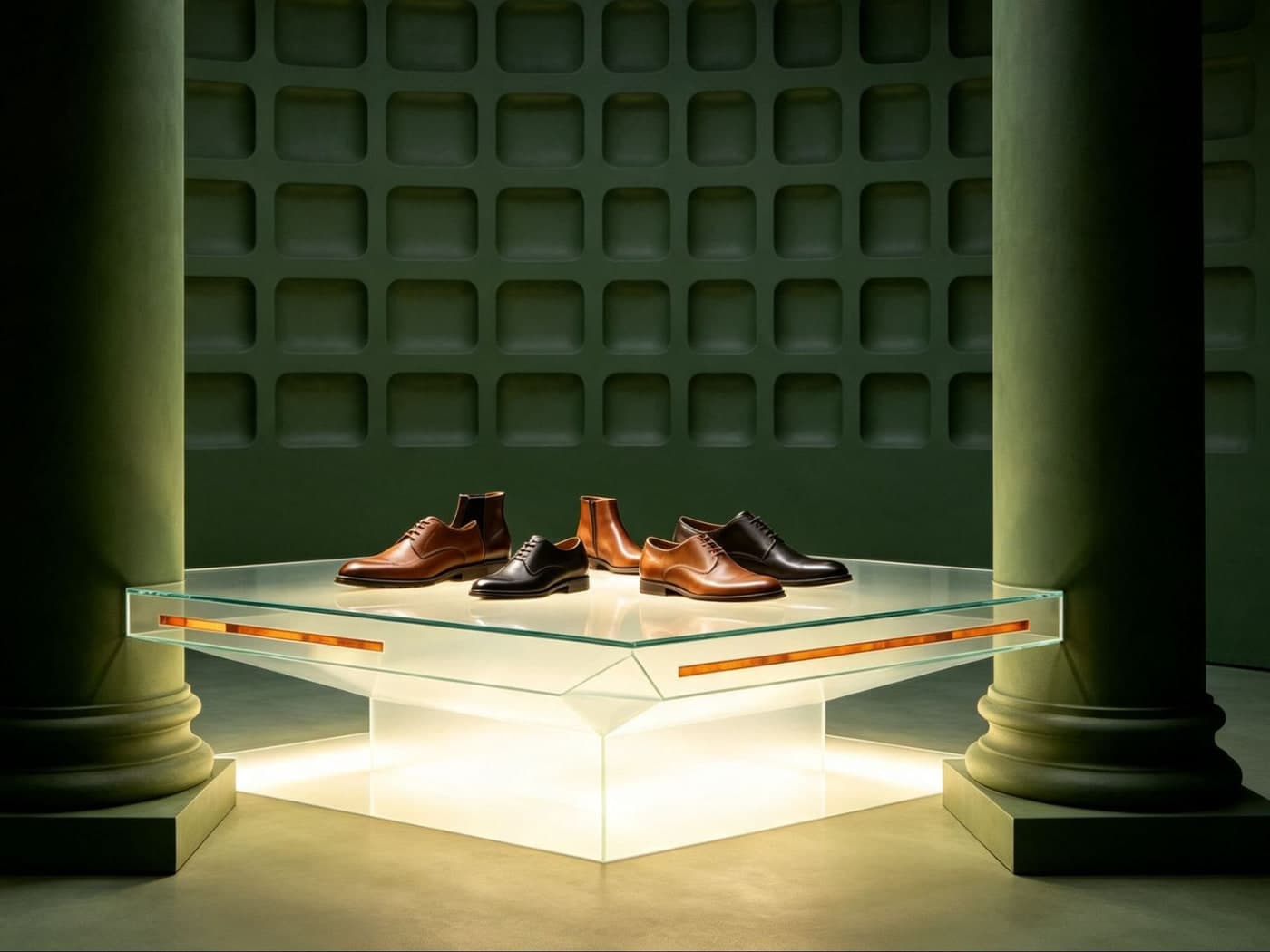 Three shoes in bone, forest and espresso arranged on a plaster surface